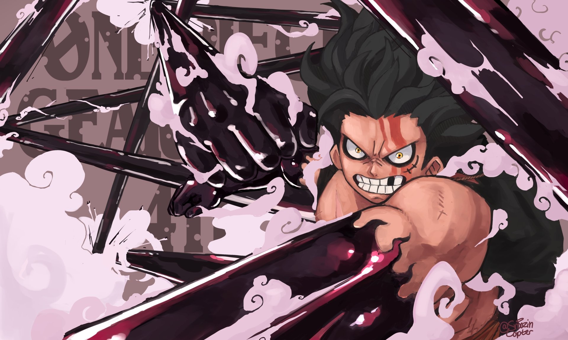 4K Ultra HD anime wallpaper featuring Monkey D. Luffy in Gear Fourth form from One Piece, showcasing dynamic action and intense expression.