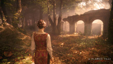 HD wallpaper featuring Amicia de Rune from A Plague Tale: Innocence, standing in a sunlight-dappled forest facing old stone arches.