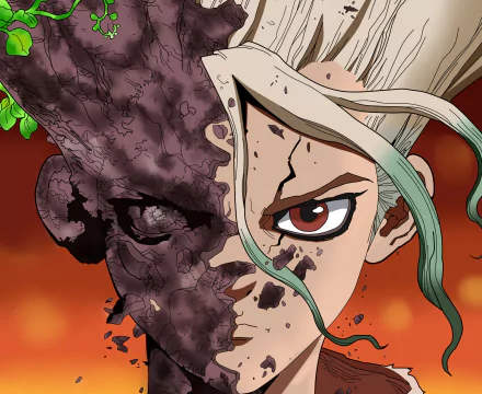 HD wallpaper featuring Senku Ishigami from the anime Dr. Stone. The image depicts a dramatic close-up of Senku's face, half of which is covered in stone. The background is a dynamic red-orange gradient.
