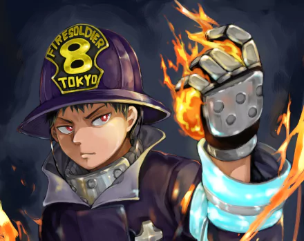 HD PC desktop wallpaper featuring Shinra Kusakabe from the anime Fire Force, depicted in firefighter gear with flames around his hand.