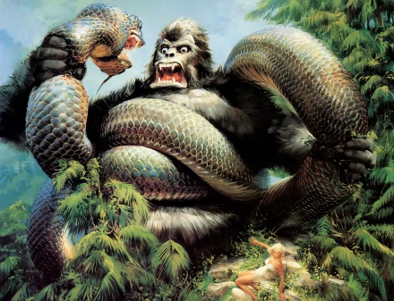 A striking HD wallpaper featuring King Kong battling a giant snake amidst lush greenery, capturing the intensity of a classic comic scene.