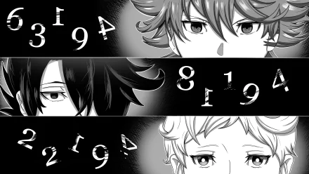 HD desktop wallpaper of The Promised Neverland anime featuring Ray, Norman, and Emma in black and white, with numbers in the background.