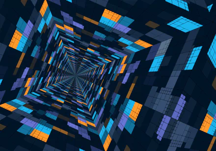 HD desktop wallpaper featuring an artistic, geometric tunnel with blue and orange patterns creating a 3D illusion.