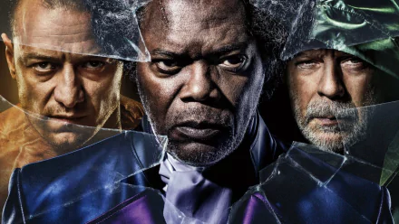 HD PC wallpaper featuring Samuel L. Jackson, Bruce Willis, and James McAvoy from the movie Glass with a shattered glass effect.
