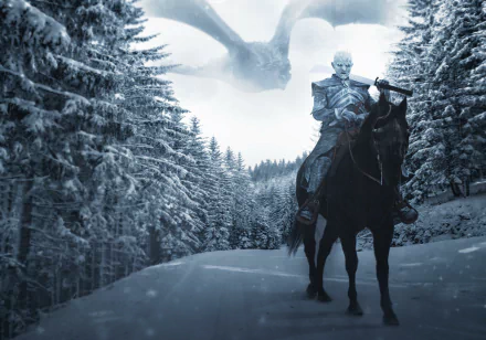 HD desktop wallpaper featuring a White Walker from Game of Thrones, riding a horse through a snowy forest with a dragon flying overhead.