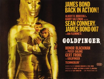 HD desktop wallpaper featuring Sean Connery as James Bond and Honor Blackman as Pussy Galore from the classic movie Goldfinger, highlighting iconic characters and film credits.