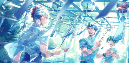 HD anime wallpaper featuring Tenya Iida, Eijiro Kirishima, and Shoto Todoroki from My Hero Academia enjoying a sunny day inside a train.