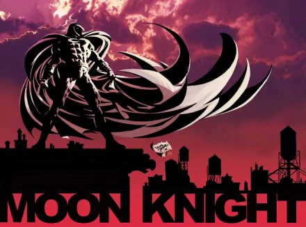 HD PC desktop wallpaper featuring a dramatic comic-style Moon Knight silhouette against a vibrant purple and red sky backdrop.