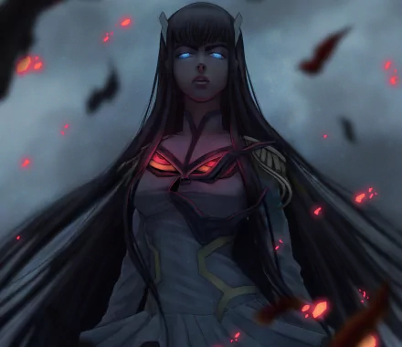 HD desktop wallpaper featuring Satsuki Kiryūin from the anime Kill La Kill, standing with a determined expression amid a dramatic and dark background with glowing red accents.