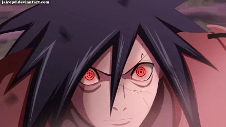 Close-up of Madara Uchiha from Naruto with glowing red Sharingan eyes, featuring intense expression in HD anime-style desktop wallpaper background.