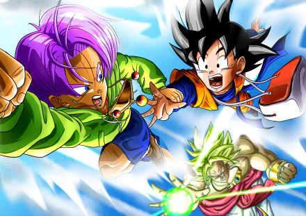 HD desktop wallpaper featuring anime characters Broly, Trunks, and Goten from Dragon Ball Z: Broly - Second Coming in dynamic action poses.