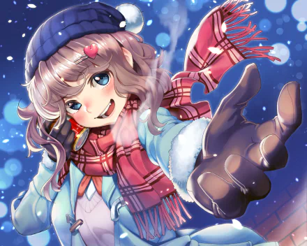HD anime desktop wallpaper featuring an original character dressed in winter attire, with a blue beanie, scarf, and gloves, reaching forward against a snowy background.
