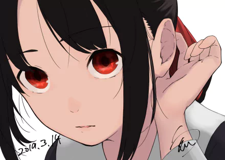 HD PC desktop wallpaper featuring Kaguya Shinomiya from the anime Kaguya-sama: Love is War, showcasing her detailed red eyes and black hair close-up.