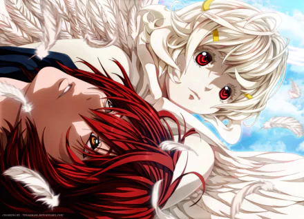 HD PC desktop wallpaper featuring Mirai Kakehashi and Nasse from the anime Platinum End, showcasing vibrant characters with angelic wings against a bright sky.