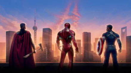 HD wallpaper featuring Avengers Endgame characters Thor, Iron Man, and Captain America (Steve Rogers), standing tall with a cityscape backdrop.
