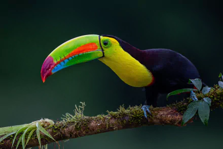 HD desktop wallpaper featuring a vibrant toucan with a colorful beak perched on a branch against a dark, blurred background.