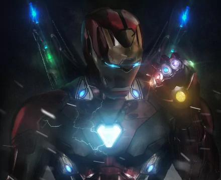 HD desktop wallpaper featuring Iron Man wielding the Infinity Gauntlet from the movie Avengers EndGame.