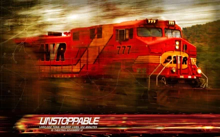 Stylized red freight locomotive racing through smoke and blur — poster image for the movie Unstoppable. HD PC desktop wallpaper/background featuring engine number 777.