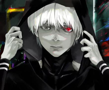 HD anime desktop wallpaper featuring Ken Kaneki from Tokyo Ghoul, showcasing his intense gaze and iconic white hair with a glowing red eye.