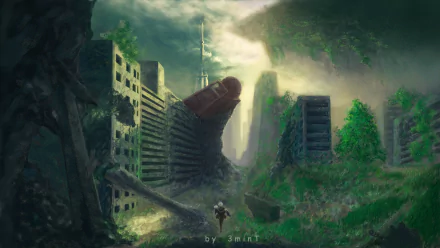 HD anime desktop wallpaper depicting a post-apocalyptic cityscape with crumbling buildings overgrown by vegetation under a moody, cloudy sky.