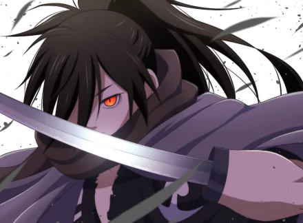 An anime character with black hair and striking orange eyes holds a sword. The image features Hyakkimaru from the series Dororo as a HD desktop wallpaper background.