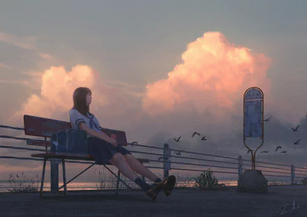 An original anime HD wallpaper featuring a schoolgirl sitting on a bench, gazing at a picturesque sky filled with cotton-like clouds and birds in flight, creating a serene and contemplative mood.