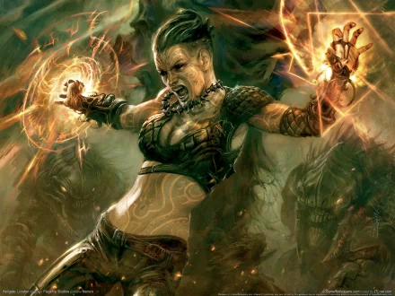HD PC desktop wallpaper from the video game Hellgate London, featuring a fierce female warrior casting fiery magic amidst dark, shadowy creatures.