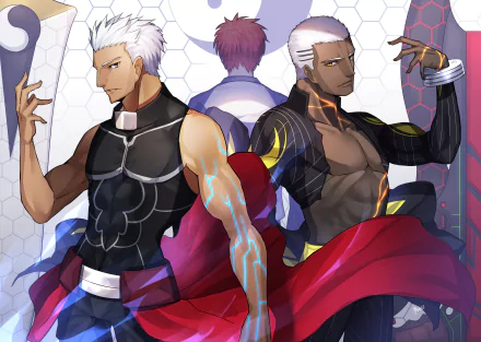 4K Ultra HD Anime wallpaper featuring Shirou Emiya, Emiya Alter, and Archer from Fate/Grand Order in dynamic poses with vibrant colors and futuristic background.