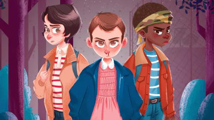 HD desktop wallpaper featuring animated characters Eleven, Lucas Sinclair, and another from the TV show Stranger Things, depicted in a stylized forest background.