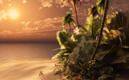 HD wallpaper featuring a serene beach at sunset, with vibrant palm trees and lush vegetation silhouetted against a colorful sky reflecting on calm waters.