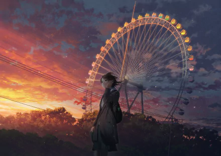 Anime-style artwork depicting a person gazing at a large Ferris wheel illuminated at sunset, designed as an HD desktop wallpaper.