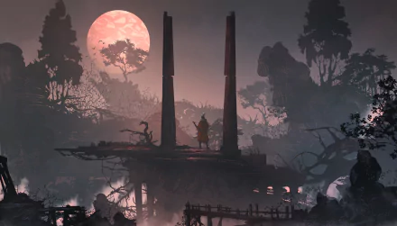 HD desktop wallpaper of a scene from Sekiro: Shadows Die Twice, featuring a lone warrior standing on a platform under a dramatic red moon and eerie landscape in the background.