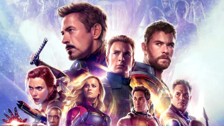 HD desktop wallpaper and background featuring characters from the movie Avengers: Endgame, showcasing a colorful, action-packed collage of the iconic superheroes.