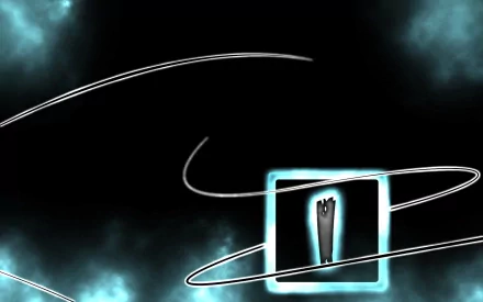 Abstract HD PC desktop wallpaper and background: dark field of teal nebula clouds, glowing cyan square at center with a vertical shard, white neon swirls orbiting it.