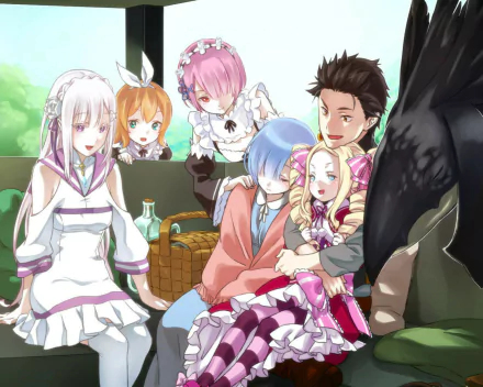 HD desktop wallpaper of Re:Zero characters—Emilia, Subaru Natsuki, Rem, Ram, Beatrice and Patrasche sharing a cozy picnic on a sofa in bright anime style.