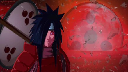 Madara Uchiha with glowing Sharingan, clad in red armor, Uchiha clan symbols and a shattered crimson moon backdrop — anime Naruto 4K Ultra HD PC desktop wallpaper.
