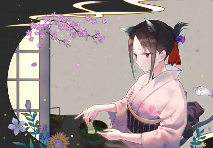 HD desktop wallpaper and background featuring Kaguya Shinomiya from the anime Kaguya-sama: Love is War, elegantly dressed in traditional attire with cherry blossoms in the background.
