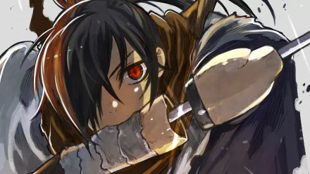Close-up of Hyakkimaru from Dororo in dynamic anime style, featured in a 4K Ultra HD PC desktop wallpaper with intense red eyes and detailed shading.