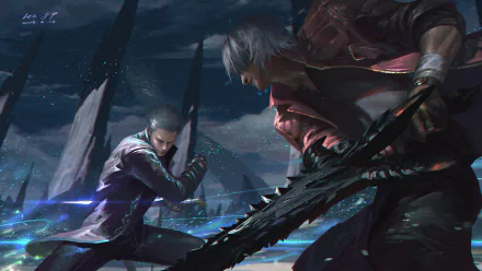 HD desktop wallpaper featuring Vergil and Dante from Devil May Cry 5, locked in an intense battle amidst a dramatic, otherworldly landscape.