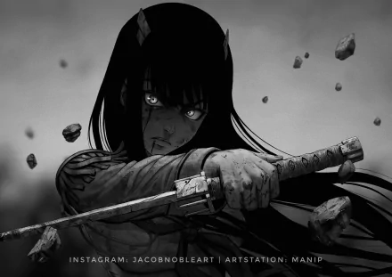 HD desktop wallpaper featuring Satsuki Kiryūin from Kill La Kill, depicted in a dynamic pose with a katana, set against a monochrome shattered background.