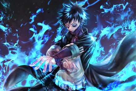 HD PC desktop wallpaper featuring Dabi from the anime My Hero Academia, surrounded by vivid blue flames in a dynamic, intense pose.