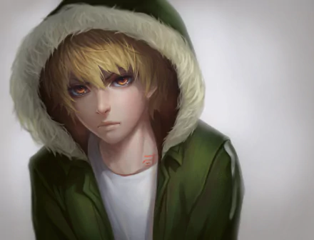 HD PC desktop wallpaper of Yukine from Noragami: close-up anime portrait in a green hooded coat, blond hair, solemn expression against a soft gray background.
