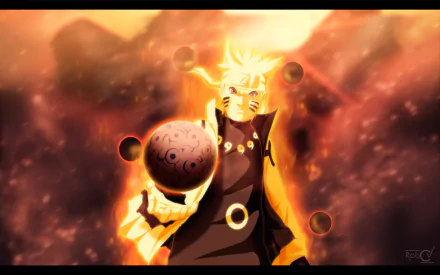 HD desktop wallpaper depicting Naruto Uzumaki as the Sage of Six Paths from the anime Naruto, featuring vibrant fiery background and glowing orbs.