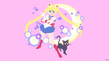 Sailor Moon poses in sailor outfit with flowing blonde odango hair and bubbles, Luna the black cat at her feet on a pink backdrop — 4K Ultra HD anime PC desktop wallpaper/background.
