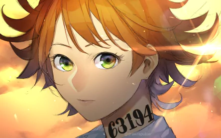 HD desktop wallpaper featuring Emma from the anime The Promised Neverland, with her distinct number 63194 tattooed on her neck, set against a warm, glowing background.