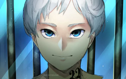 HD anime wallpaper featuring Norman from The Promised Neverland with his signature white hair and blue eyes, set against a cool-toned background.