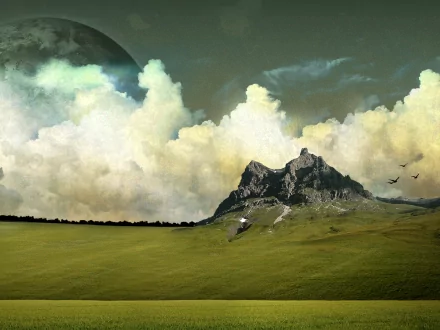 HD desktop wallpaper featuring a dreamy landscape with a vast green field, rugged mountain, large moon, and dramatic cloudy sky, blending nature and fantasy.
