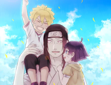 HD anime PC desktop wallpaper/background of Neji Hyūga with Boruto Uzumaki laughing on his shoulders and Himawari Uzumaki clinging to his side against a bright blue sky.