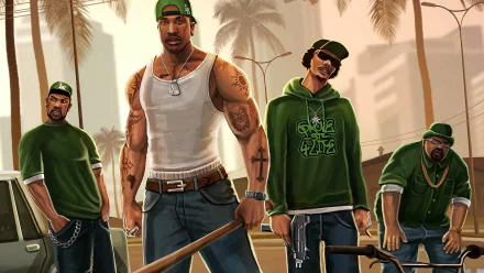 HD desktop wallpaper featuring Carl Johnson and other characters from the video game Grand Theft Auto: San Andreas, with an urban backdrop and palm trees.