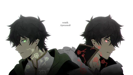 HD desktop wallpaper of Naofumi Iwatani from the anime The Rising of the Shield Hero, featuring two contrasting portraits of the character with mystical, glowing symbols on his neck.
